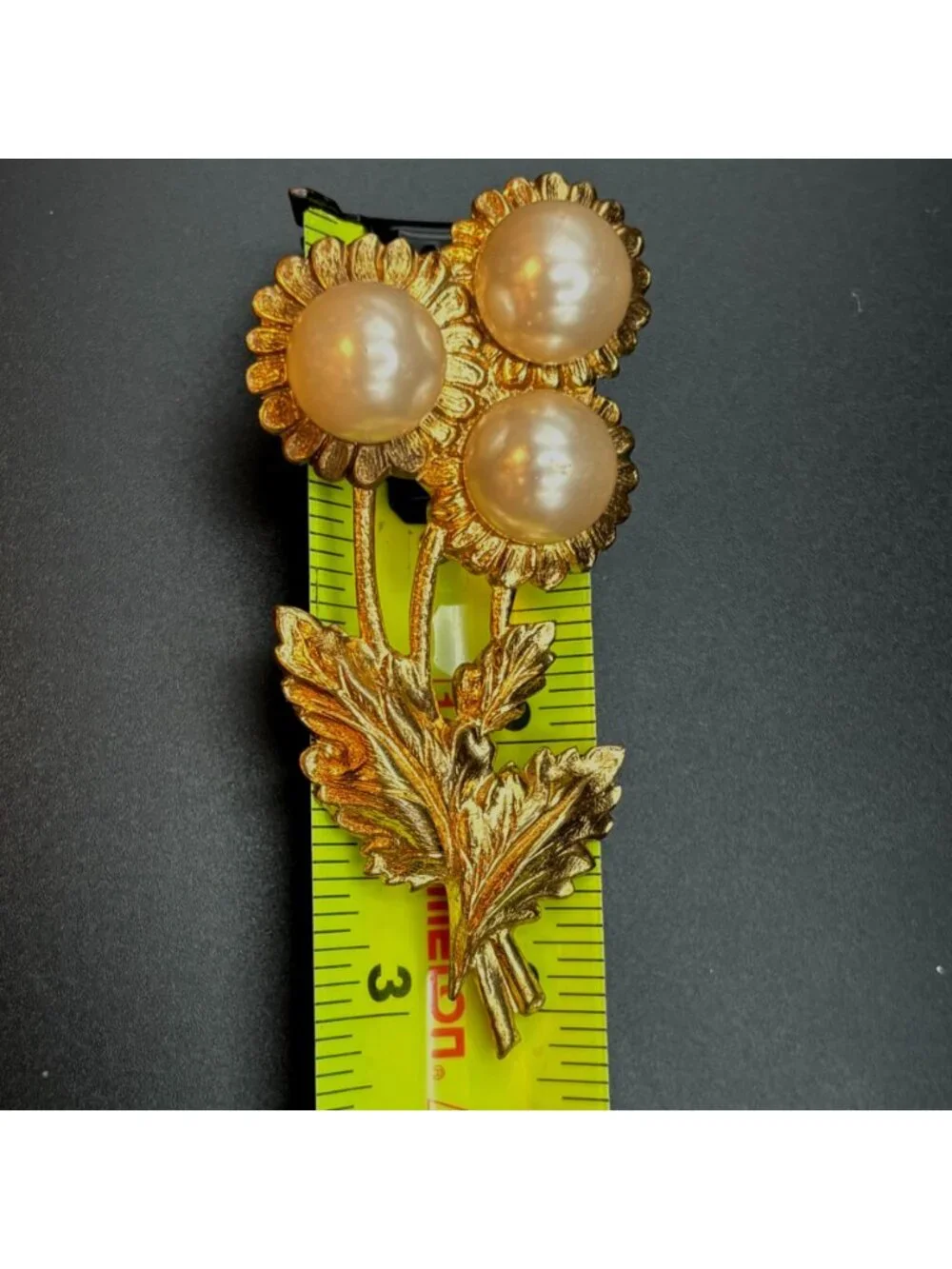 Vintage MCM Gold Faux Pearl Sunflower Brooch Pin Cottagecore Flower Bouquet